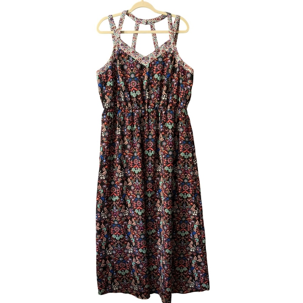 Y2K Exilaration Womens Maxi Dress XXL Boho Dark Floral Strappy Neck Whimsygoth